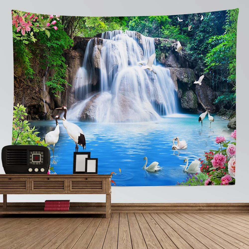 

Nature Landscape Tapestry High Mountain with Waterfall Birds Sunset Flower Wall Hanging for Home Wall Decoration Sheet Blanket