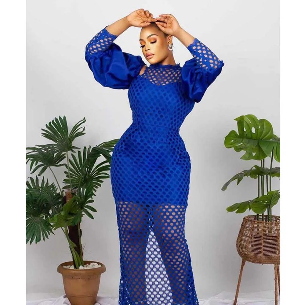 Fashion Women Dress Blue Sexy Patchwork Mesh Women's Cutout Puff Sleeve Slim Long Dress For Women Summer 2022 New African
Fashion Women Dress Blue Sexy Patchwork Mesh Women's Cutout Puff Sleeve Slim Long Dress For Women Summer 2022 New African