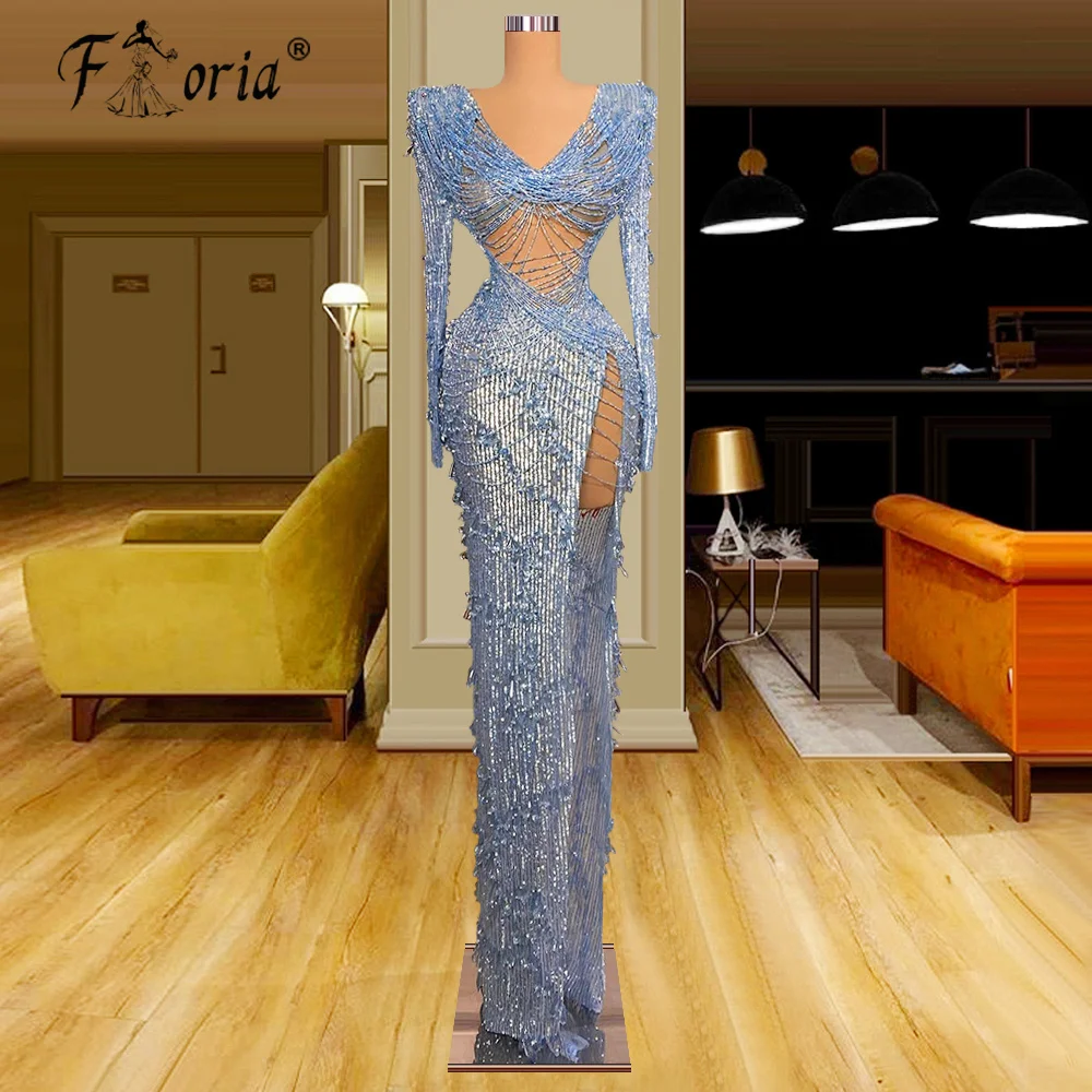 Vestidos Festa Luxury Long Sleeves Evening Dresses Blue Tassels Sequined Beaded See Through Prom Party Dress Women Formal Gown
Vestidos Festa Luxury Long Sleeves Evening Dresses Blue Tassels Sequined Beaded See Through Prom Party Dress Women Formal Gown