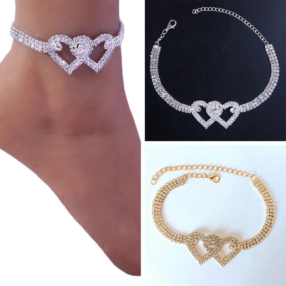 

2022 Trendy Rhinestone Heart Bracelet Anklet For Women Bling Bling Paved White CZ Luxury Female Wedding Party Barefoot Jewelry