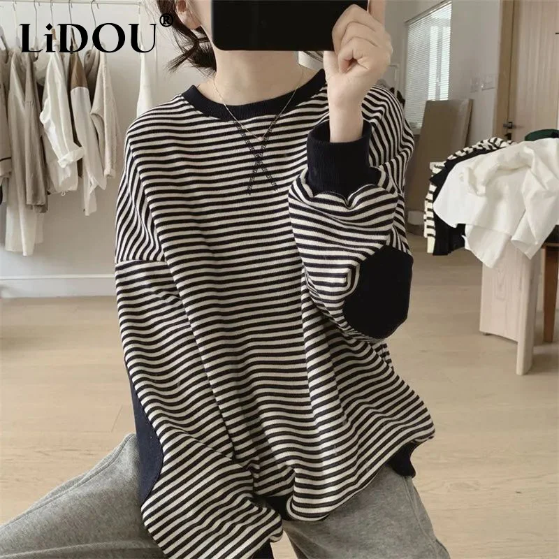 Spring Autumn New Round Neck Striped Simple Sweatshirt Ladies Long Sleeve Loose Casual Fashion Top Women Pullover Female Clothes 
Spring Autumn New Round Neck Striped Simple Sweatshirt Ladies Long Sleeve Loose Casual Fashion Top Women Pullover Female Clothes