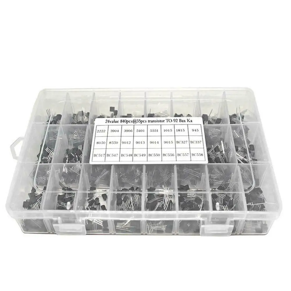 840pcs TO-92 Transistor BC327 BC337 BC547 2N2222 2N3904 2N3906 S8050 S8550 A1015 C1815 PNP/NPN 24 Values Transistors Kit
840pcs TO-92 Transistor BC327 BC337 BC547 2N2222 2N3904 2N3906 S8050 S8550 A1015 C1815 PNP/NPN 24 Values Transistors Kit