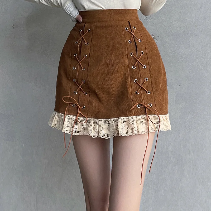 WeiYao Brown A Line Lace Up Y2K Skirt Lace High Waist Korean Vintage Bandage Harajuku Mini Skirt Corduroy Cute Cloth Summer 
WeiYao Brown A Line Lace Up Y2K Skirt Lace High Waist Korean Vintage Bandage Harajuku Mini Skirt Corduroy Cute Cloth Summer