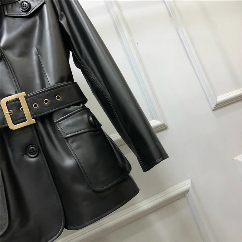 Genuine female leather jacket, short punk jacket with tight biker pocket with ribbons cut, classic office attire in sheep's
Genuine female leather jacket, short punk jacket with tight biker pocket with ribbons cut, classic office attire in sheep's