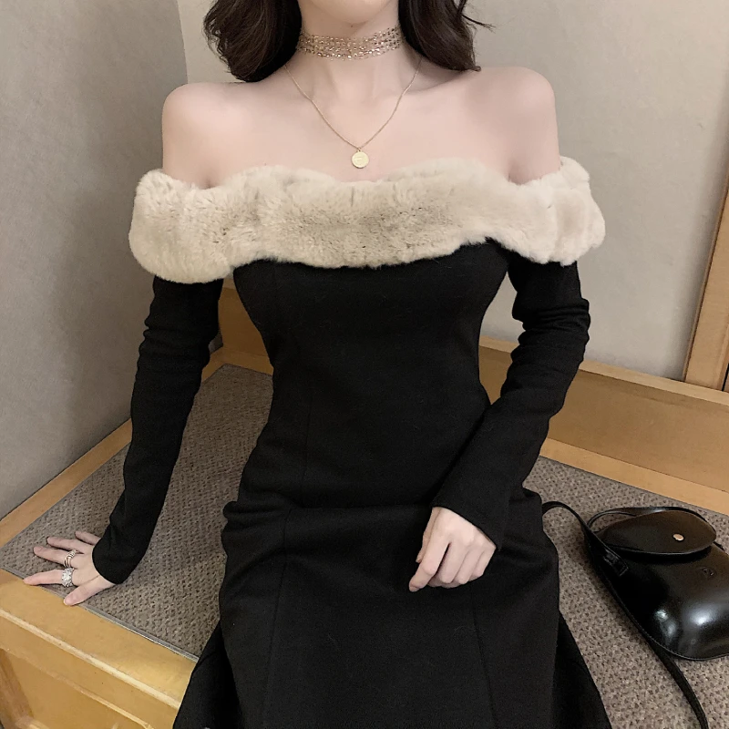Female Long-sleeved Sexy Fur Collar Evening Black Dress Female One-piece Skirt Korean Version Autumn Chic Elegant Retro Dress
Female Long-sleeved Sexy Fur Collar Evening Black Dress Female One-piece Skirt Korean Version Autumn Chic Elegant Retro Dress