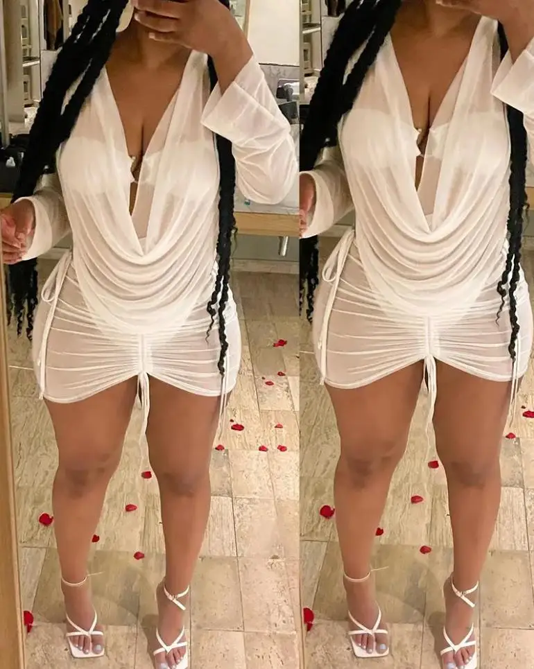 

Two Piece White Skirts Sheer Mesh Cowl Neck Top & Drawstring Ruched Skirt Set Fashion Night Club Outfit Sexy Skinny Dresses Suit