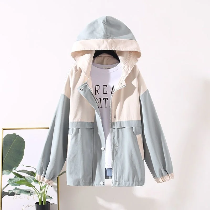 

Spring And Autumn New Korean Version Loose Bf Student Ins Color Matching Hooded Work Clothes Trench Coat Female Ins Hong Kong