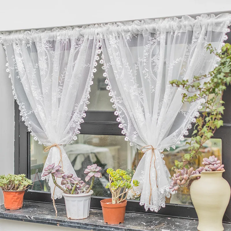 

White Lace Sheer Short Curtains for Kitchen Cafe Dinning Vintage Delicate Floral Knitted Valance Tier Drapes,2PCS White