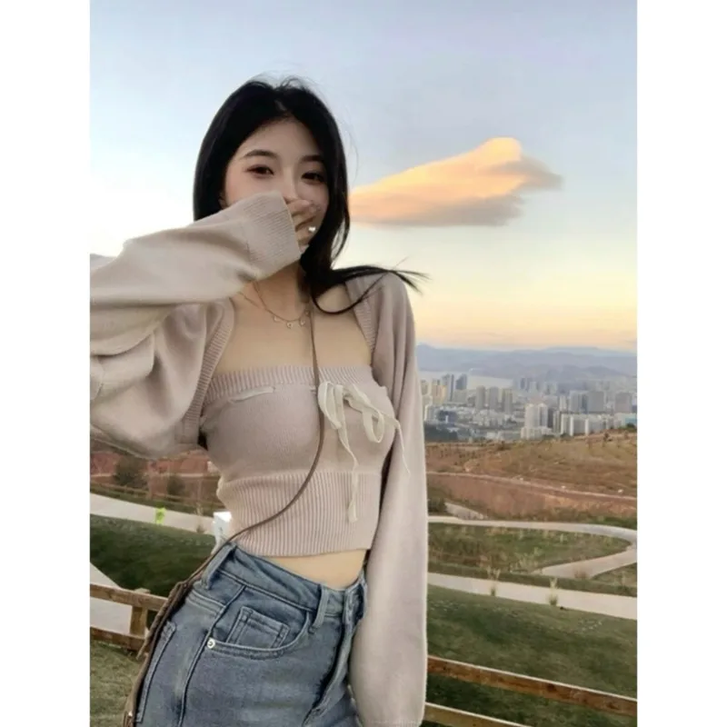 

YUQI Korean Fashion Cropped Sweater Women Sexy Club Slim Shawl Strapless Two-piece Set Pullover Casual Chic Knitwear Y2K Tops