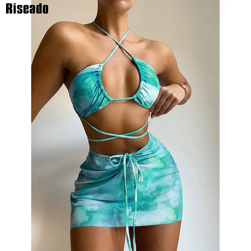 

Riseado 3 Piece Sexy Bikini Tie Dye Swimsuit with Beach Skirt Crisscross Swimwear Women Bandeau Biquinis Female 2022 Beach Wear