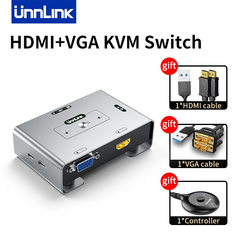 

Unnlink HDMI+VGA to VGA KVM Switch 2x1 3x1 1080P 60Hz Video Switcher for PC Laptop PS3/4/5 Xbox to TV Monitor Projector