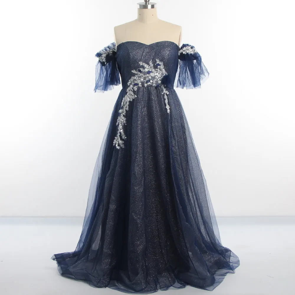 Evening Dresses Navy Blue Bling Strapless Off the Shoulder Sleeves Appliques Tulle A-line Floor Length Women Party Dress R1365
Evening Dresses Navy Blue Bling Strapless Off the Shoulder Sleeves Appliques Tulle A-line Floor Length Women Party Dress R1365