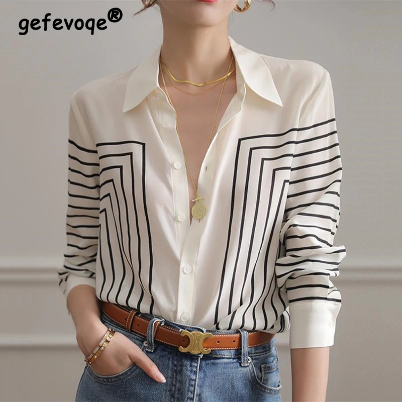Spring Summer Women Korean Style New Vintage Stripe Printing Turn-down Collar Chiffon Shirt Long Sleeve Blouse Casual Chic Shirt
Spring Summer Women Korean Style New Vintage Stripe Printing Turn-down Collar Chiffon Shirt Long Sleeve Blouse Casual Chic Shirt