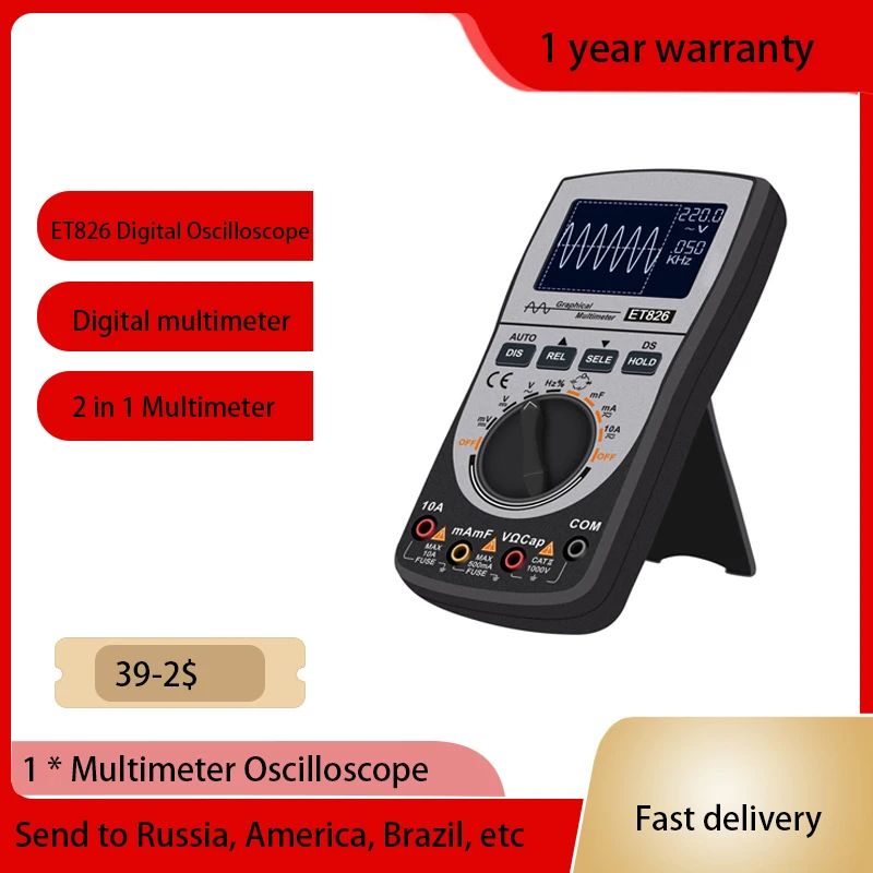 ET826 Intelligent Digital Oscilloscope 2 in 1 Multimeter 4000 Counts DC/AC Current Voltage Resistance Frequency Diode Tester
ET826 Intelligent Digital Oscilloscope 2 in 1 Multimeter 4000 Counts DC/AC Current Voltage Resistance Frequency Diode Tester