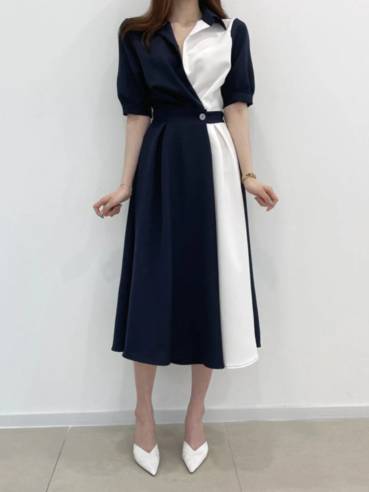 Summer New French Niche Lapel Design Sense of Contrast Color Stitching A Button Waist Temperament Retro Short-sleeved DressWomen
Summer New French Niche Lapel Design Sense of Contrast Color Stitching A Button Waist Temperament Retro Short-sleeved DressWomen