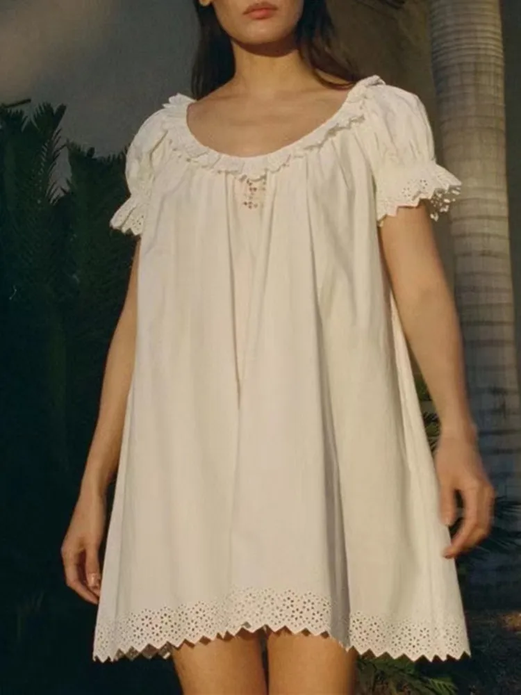 

Женское белое платье с цветочной вышивкой, ажурное свободное милое хлопковое платье мини с оборками на воротнике и пышными рукавами, лето 2023