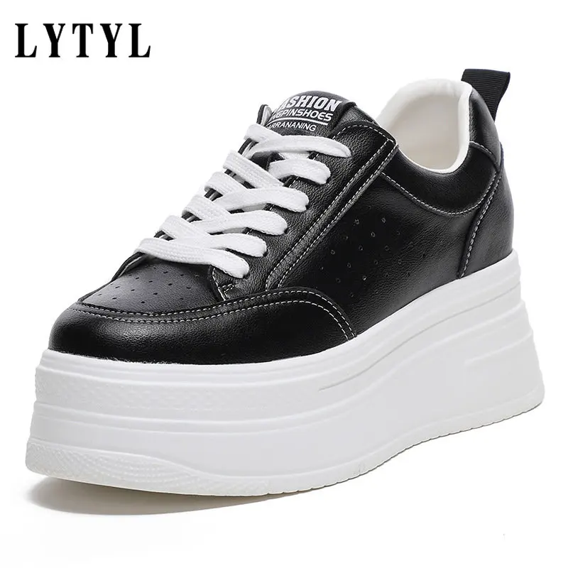 

8cm Genuine Leather Women Casual Shoes Chunky Sneakers Platform Wedge Hidden Heel Women Leisure Shoes Summer Autumn White A1-15
