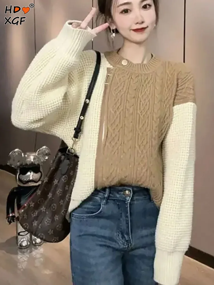 Женский вязаный свитер на молнии, Свободный пуловер составного кроя с круглым вырезом и длинными рукавами, дизайнерский уличный пуловер в Корейском стиле на осень
Женский вязаный свитер на молнии, Свободный пуловер составного кроя с круглым вырезом и длинными рукавами, дизайнерский уличный пуловер в Корейском стиле на осень