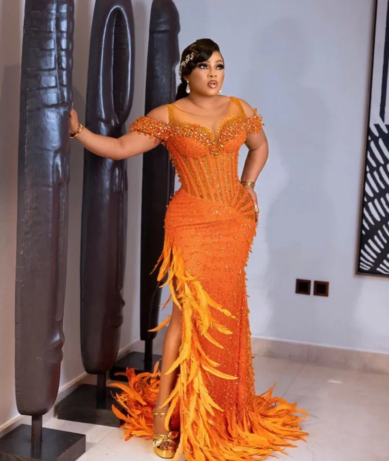 

Официальное оранжевое вечернее платье, длинные платья с блестками и бисером Aso Ebi, платье-Русалка для выпускного вечера, 2023, платье в африканском стиле с перьями, официальное женское платье