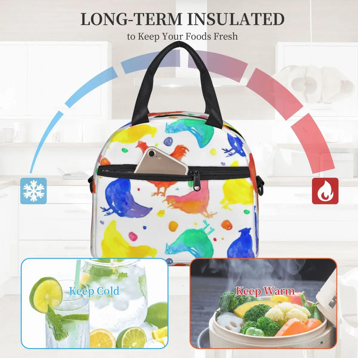 Colorful Chicken Lunch Bag with Handle Watercolor Animal Print Fancy Cooler Bag Zipper School Meal Thermal Bag
Colorful Chicken Lunch Bag with Handle Watercolor Animal Print Fancy Cooler Bag Zipper School Meal Thermal Bag