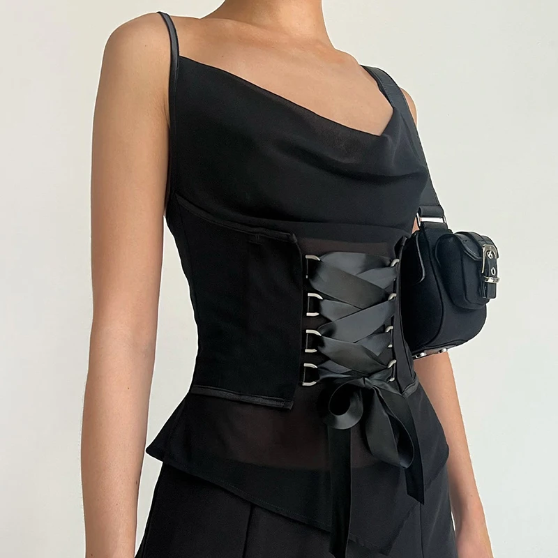 

Maemukilabe Elegant Front Criss Cross Tie Up Vest Back Zipper Irregular Hem Corset Tops Vintage Chic Women Sleeveless Crop Top