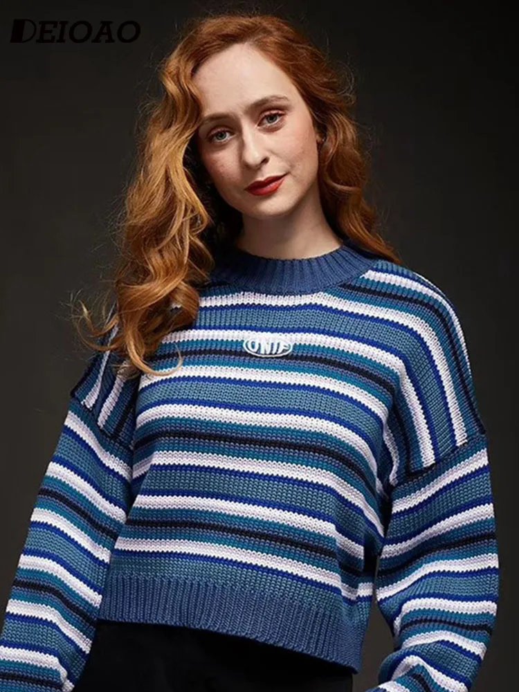 Deioao Fashionable Warm Sweater Top Autumn Women's Long Sleeve Blue O-neck Short Striped Loose Casual Pullover Feminine Sweater
Deioao Fashionable Warm Sweater Top Autumn Women's Long Sleeve Blue O-neck Short Striped Loose Casual Pullover Feminine Sweater