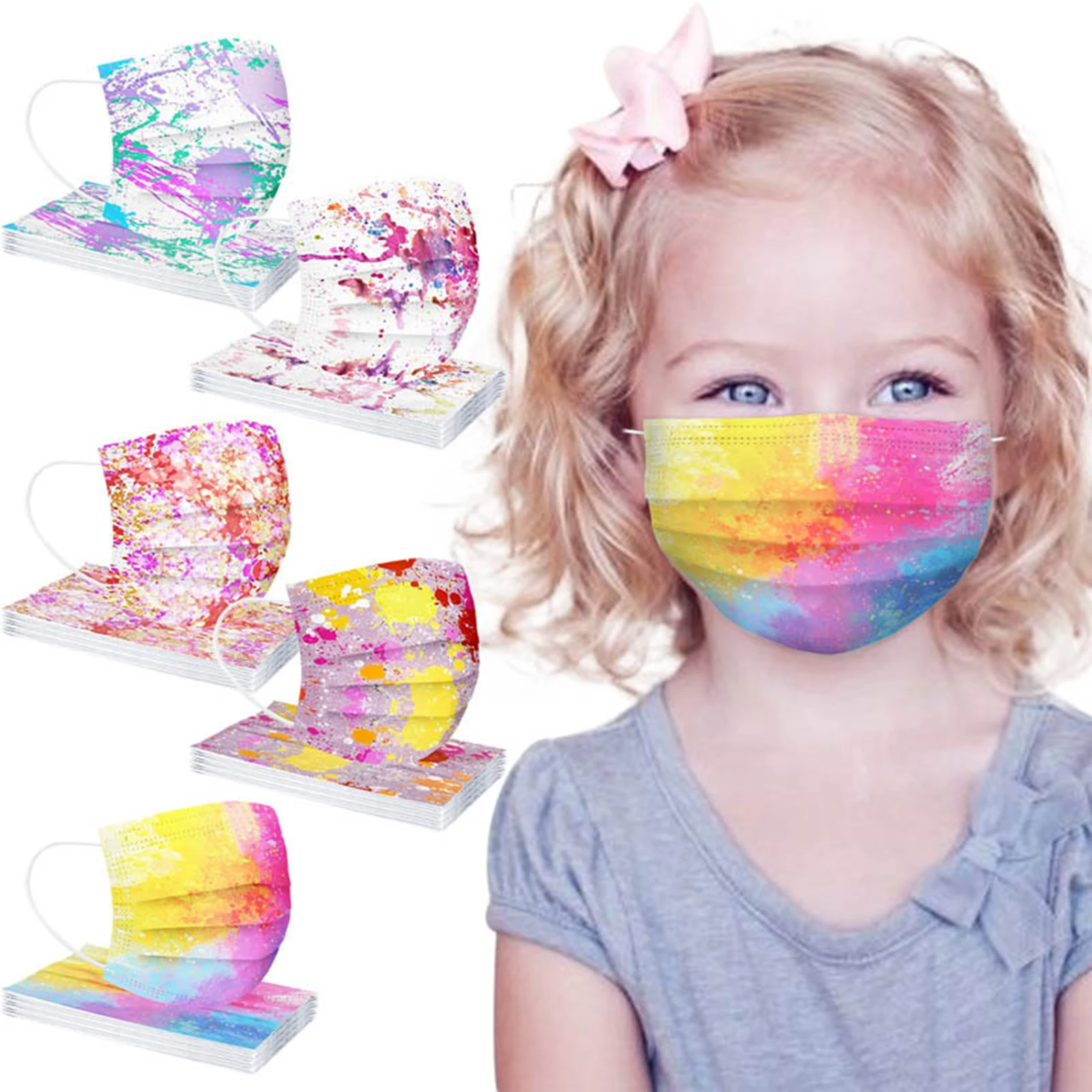 

10pcs Children Disposable Mask Colorful Tie Dyed 3 Layers Meltblown Masks for Child Girls Cosplay Party Halloween Decoratition