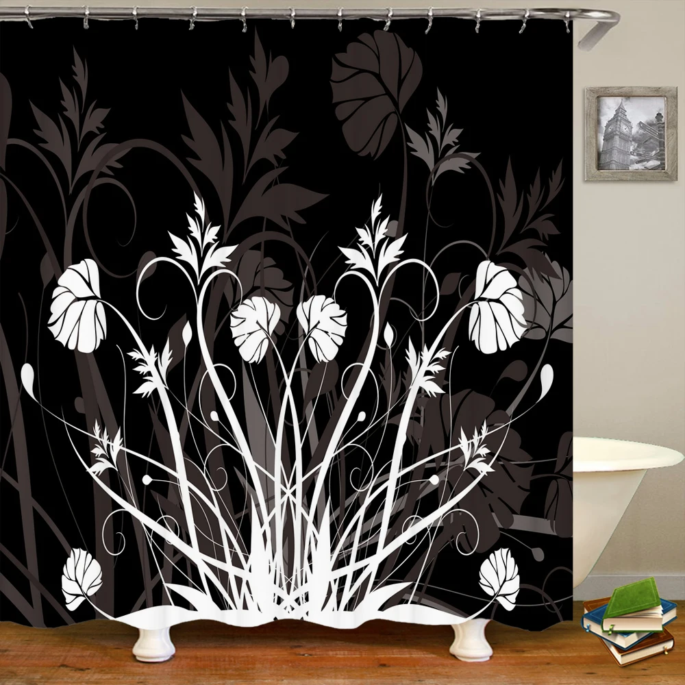 

Занавеска для душа с 3D принтом, водонепроницаемая Полиэстеровая Штора для домашнего декора, 180 х180 см, с цветочным узором, черно-белая