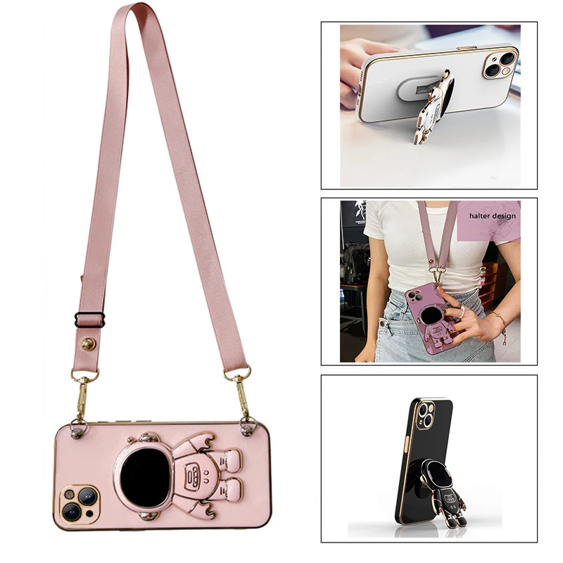 

Plating Bracket Crossbody Lanyard Soft Phone Case For Oppo A16 A17 A11 A12 A15 A31 A32 A33 A35 A36 A9 A5 A52 A53 A54 A57 cover