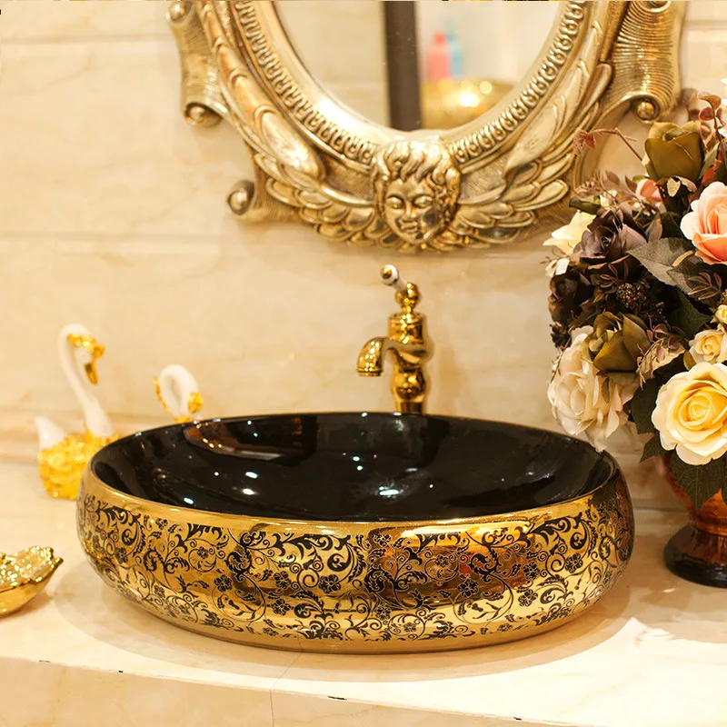 Europe luxury stylish modern style washroom wc counter top art basin bathroom ceramic table top golden black bowl sink
Europe luxury stylish modern style washroom wc counter top art basin bathroom ceramic table top golden black bowl sink