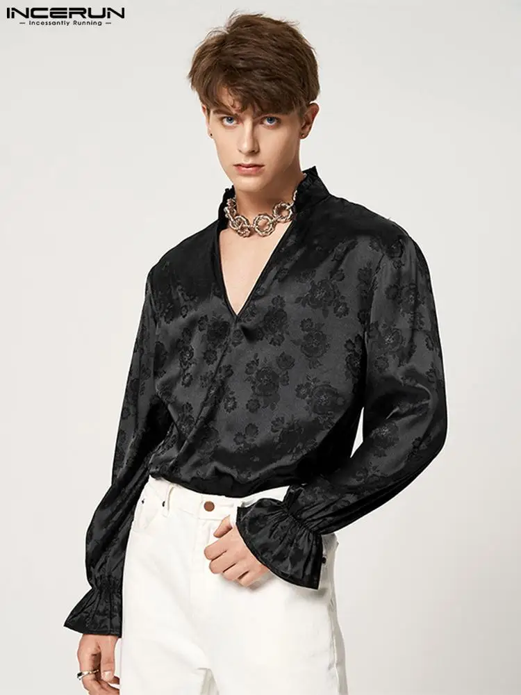 

INCERUN Tops 2022 American Style Men's Party Shows Hot Sale Blouse Fashion Male Satin Jacquard V-neck Long-sleeved Shirts S-5XL