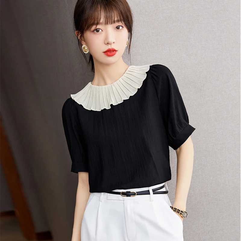 Модная рубашка с коротким рукавом и воротником в виде листьев лотоса, летние дизайнерские нишевые черные темпераментные Топы
Модная рубашка с коротким рукавом и воротником в виде листьев лотоса, летние дизайнерские нишевые черные темпераментные Топы