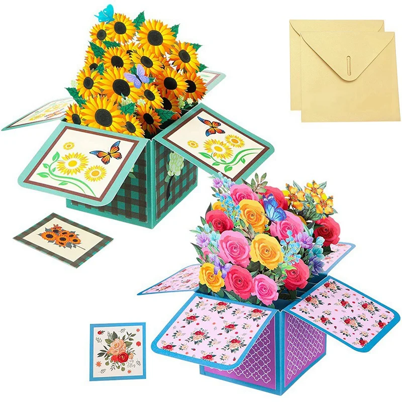 

2 Pcs Sunflower Seed Rose -Up Card Colored Greeting Cards For Mother's Day 3D Bouquet Envelope For Mothers Day Mom Gifts