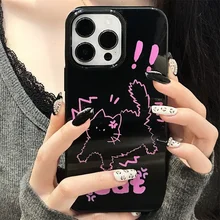 Pink Cute Cartoon Angry Cat Graffiti Jelly Black Phone Case For iPhone 15 14 13 11 12 Pro Max mini 8 7 Plus XS X Bow Chain Cover