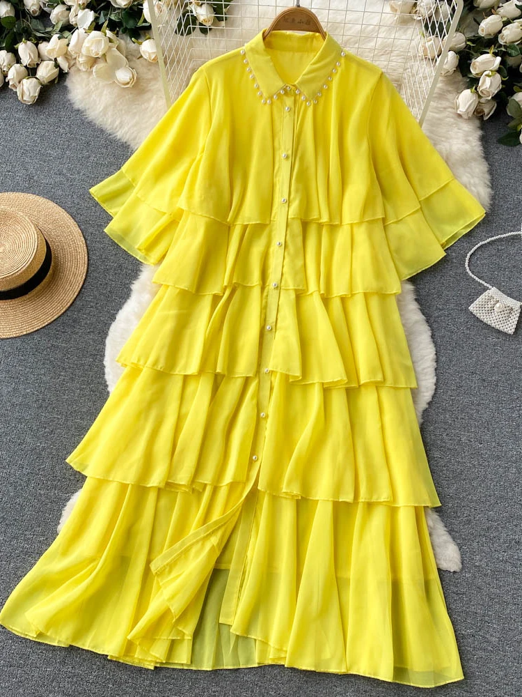 Summer Women Cascading Ruffle Beading Long Dress Vintage Turn-Down Collar Short Sleeve Single Breasted Loose A-Line Vestidos New
Summer Women Cascading Ruffle Beading Long Dress Vintage Turn-Down Collar Short Sleeve Single Breasted Loose A-Line Vestidos New