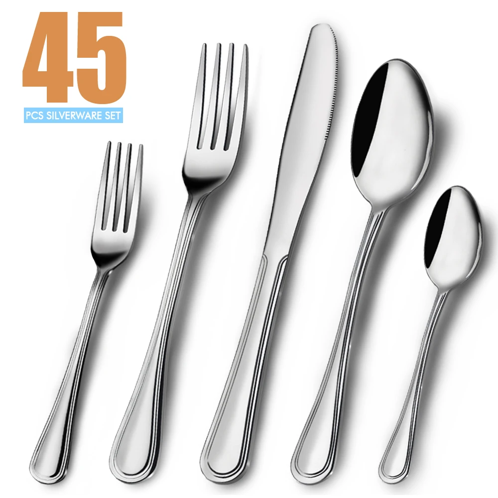 

45PCS Silver Dinnerware Set Stainless Steel Flatware Sets Tableware Cutlery Set Party Candlelight Dinner