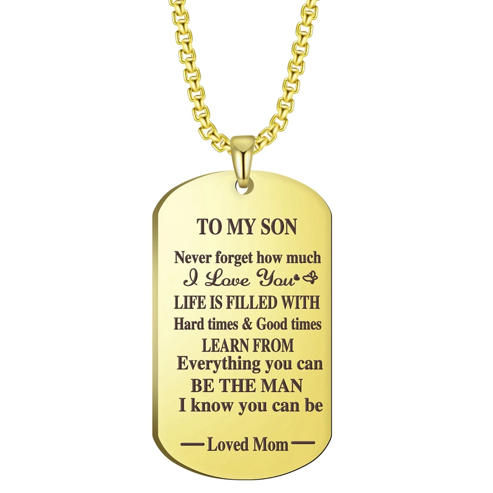 Gold Color Steel Color Stainless Steel Jewelry 28x50mm Blessing Words Plaque To My Son Pendant Necklace With 60cm Box Chain
Gold Color Steel Color Stainless Steel Jewelry 28x50mm Blessing Words Plaque To My Son Pendant Necklace With 60cm Box Chain