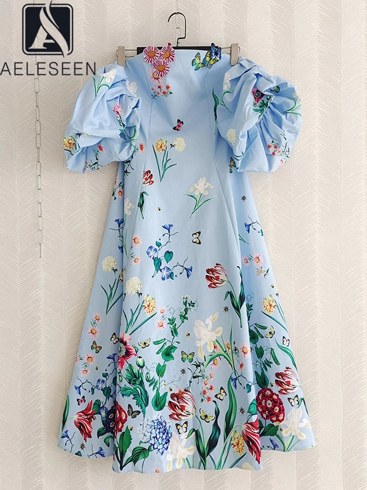 

AELESEEN Women Bohemian Summer Dress Runway Fashion Puff Sleeve Slash Neck 3D Appliques Flower Print Midi Party Vacatiob