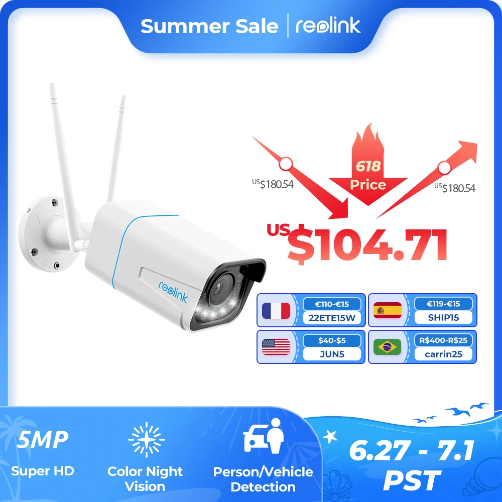 Reolink 5MP Human/Car Detection WiFi Camera 2.4G/5Ghz 5X Optical Zoom Two-way Audio Spotlight Waterproof Home Cam RLC-511WA
Reolink 5MP Human/Car Detection WiFi Camera 2.4G/5Ghz 5X Optical Zoom Two-way Audio Spotlight Waterproof Home Cam RLC-511WA
