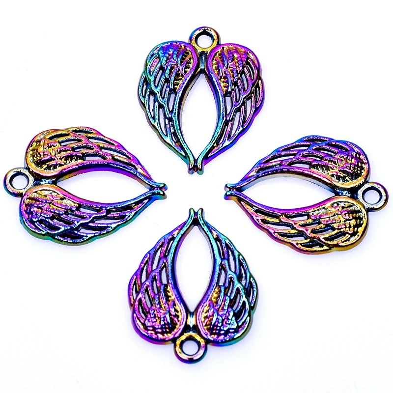 

10pcs/Lot Rainbow Color Openwork Love Heart Shape Wings Feathers Angel Charms Alloy Fashion Pendant For Jewellery Crafts Making