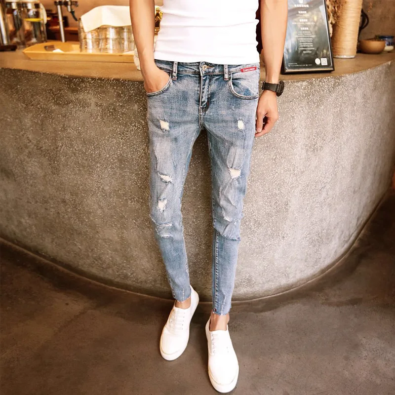 Wholesale Beggar Ankle Length Pants Men Slim-fit Ripped Hole Jeans Men's Feet Tight-fitting Society Guy Pants Thin Pencil Jeans
Wholesale Beggar Ankle Length Pants Men Slim-fit Ripped Hole Jeans Men's Feet Tight-fitting Society Guy Pants Thin Pencil Jeans