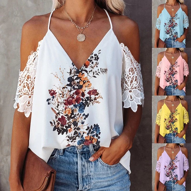 Lace V-neck Open Back Floral Print Top Summer V-Neck Off Shoulder Chiffon Shirt Sexy Casual Blouse for Women
Lace V-neck Open Back Floral Print Top Summer V-Neck Off Shoulder Chiffon Shirt Sexy Casual Blouse for Women