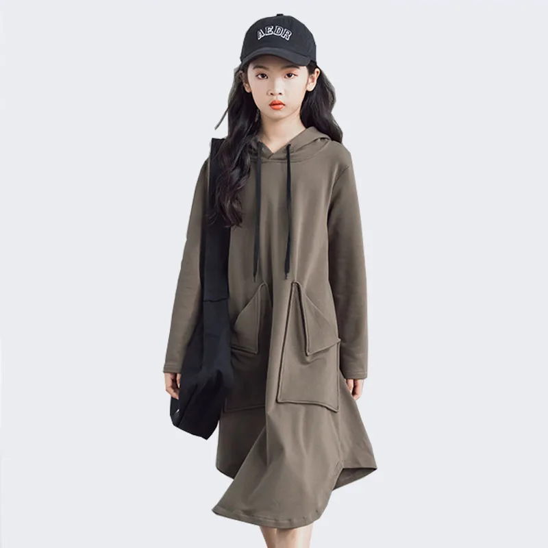 Girls Dresses Autumn Trend Cool Personality Big Pocket Design Irregular Hooded Dress for Teenage Solid Children Casual Clothes
Girls Dresses Autumn Trend Cool Personality Big Pocket Design Irregular Hooded Dress for Teenage Solid Children Casual Clothes