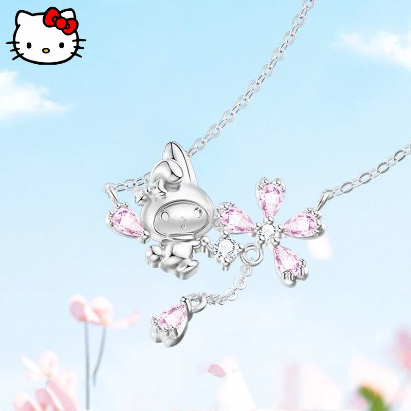 

Новое ожерелье Kawaii Sanrio MyMelody с мультяшным серебряным покрытием на цепочке до ключиц ювелирные изделия для девочек с цветком вишни бриллиантовый кулон аксессуары