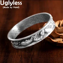 Uglyless 13MM Width Flat Thai Silver Bangles for Women Ponds Fish Lotus Bangles Oriental Flavor Poetry Jewelry 999 Silver Bijoux