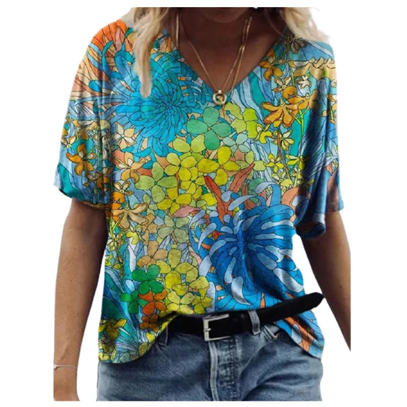 2021 Summer Tops 3XL Women Plant Flowers Print T Shirt Short Sleeve V-Neck Casual Loose Street Tee Fashion Female Oversized Tops
2021 Summer Tops 3XL Women Plant Flowers Print T Shirt Short Sleeve V-Neck Casual Loose Street Tee Fashion Female Oversized Tops