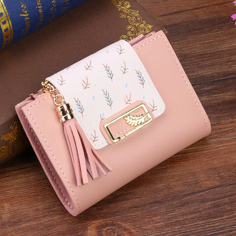 

Модный короткий кошелек с кисточками для женщин, сумочка-клатч из искусственной кожи, милый корейский держатель для карт, женский складной маленький кошелек для мелочи