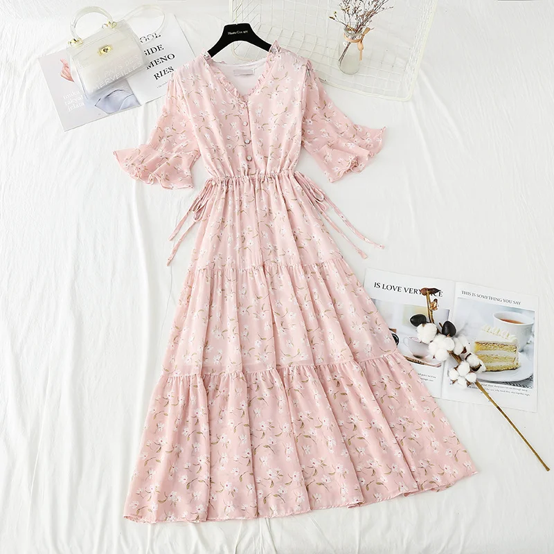 Summer Retro Floral Chiffon Midi Dress Women Elegant Fairy Sweet V-neck Waist Slim Party Dresses Temperamen A-line Skirt New 
Summer Retro Floral Chiffon Midi Dress Women Elegant Fairy Sweet V-neck Waist Slim Party Dresses Temperamen A-line Skirt New