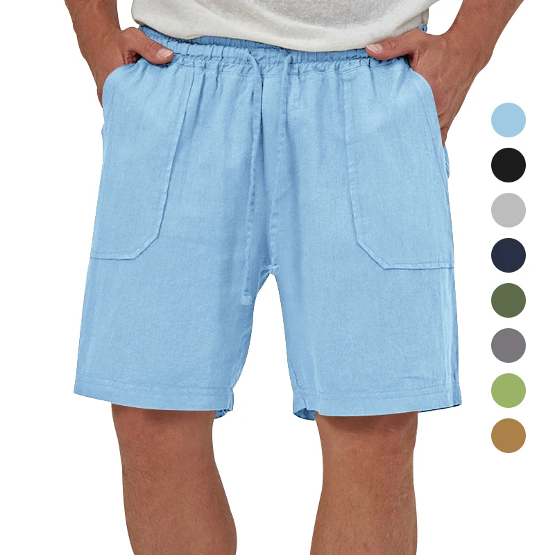 

2023 Summer New Solid Cotton Hemp Men's Fashion Shorts, Elastic Waist Shorts, Slim Beach Sandwich Pants Man Clothing