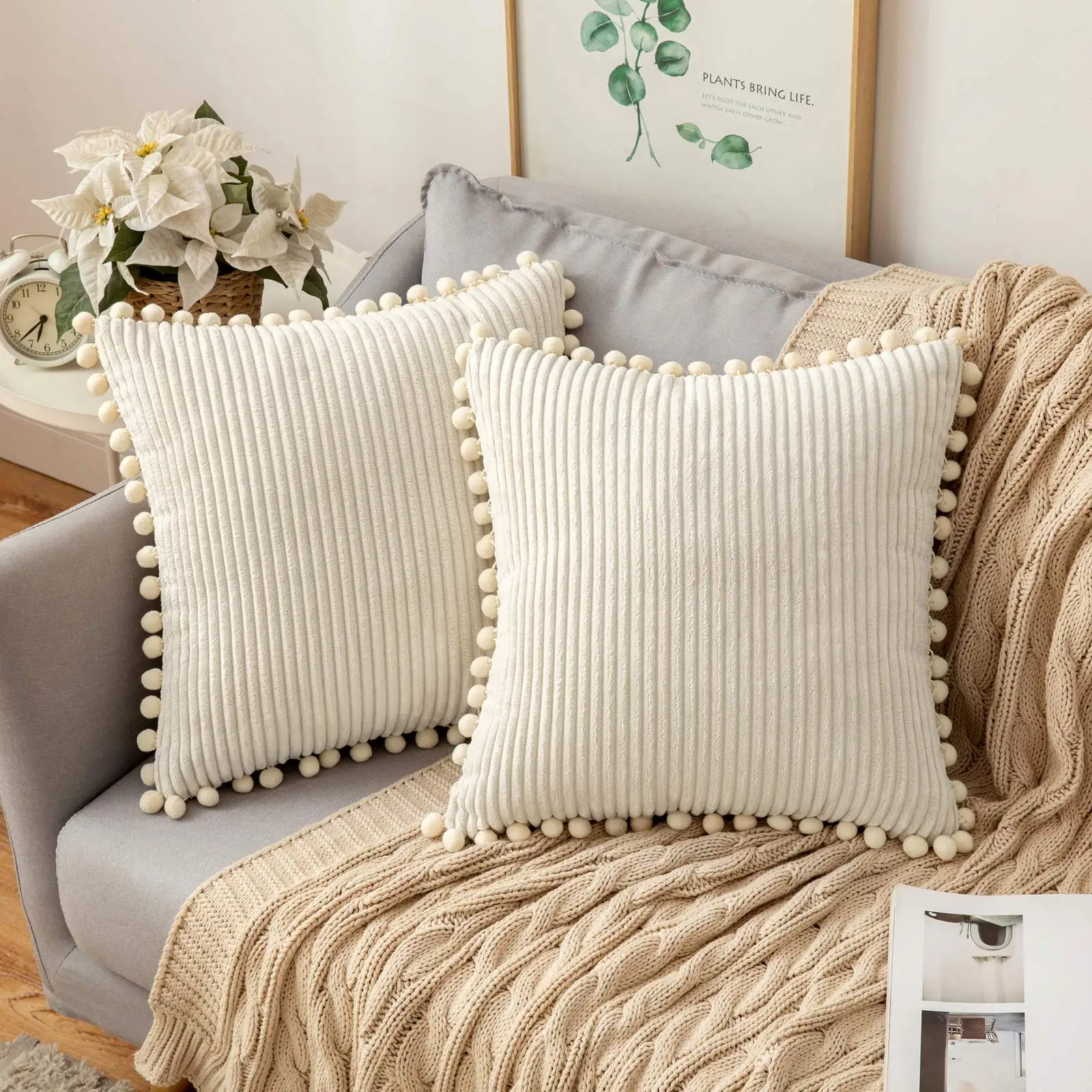 

Striped Corduroy Fabric Cushion Covers with Pom-poms Solid Pure Color Skin Friendly Pillow Case Sham Home for Sofa Bedroom Decor